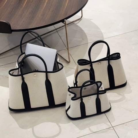 經典款頭層牛皮拼帆布花園包(25cm)